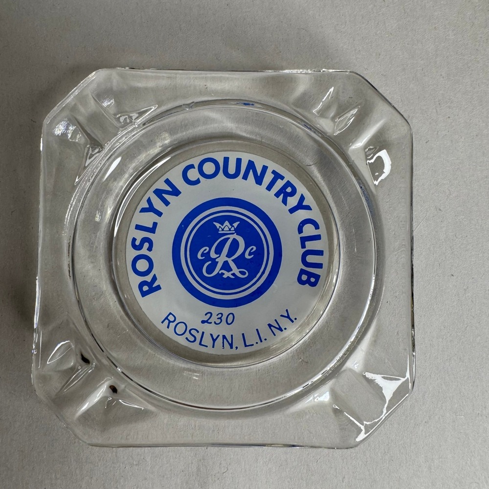 Vintage Roslyn Country Club Glass Ashtray Roslyn Long Island New York Blue Logo